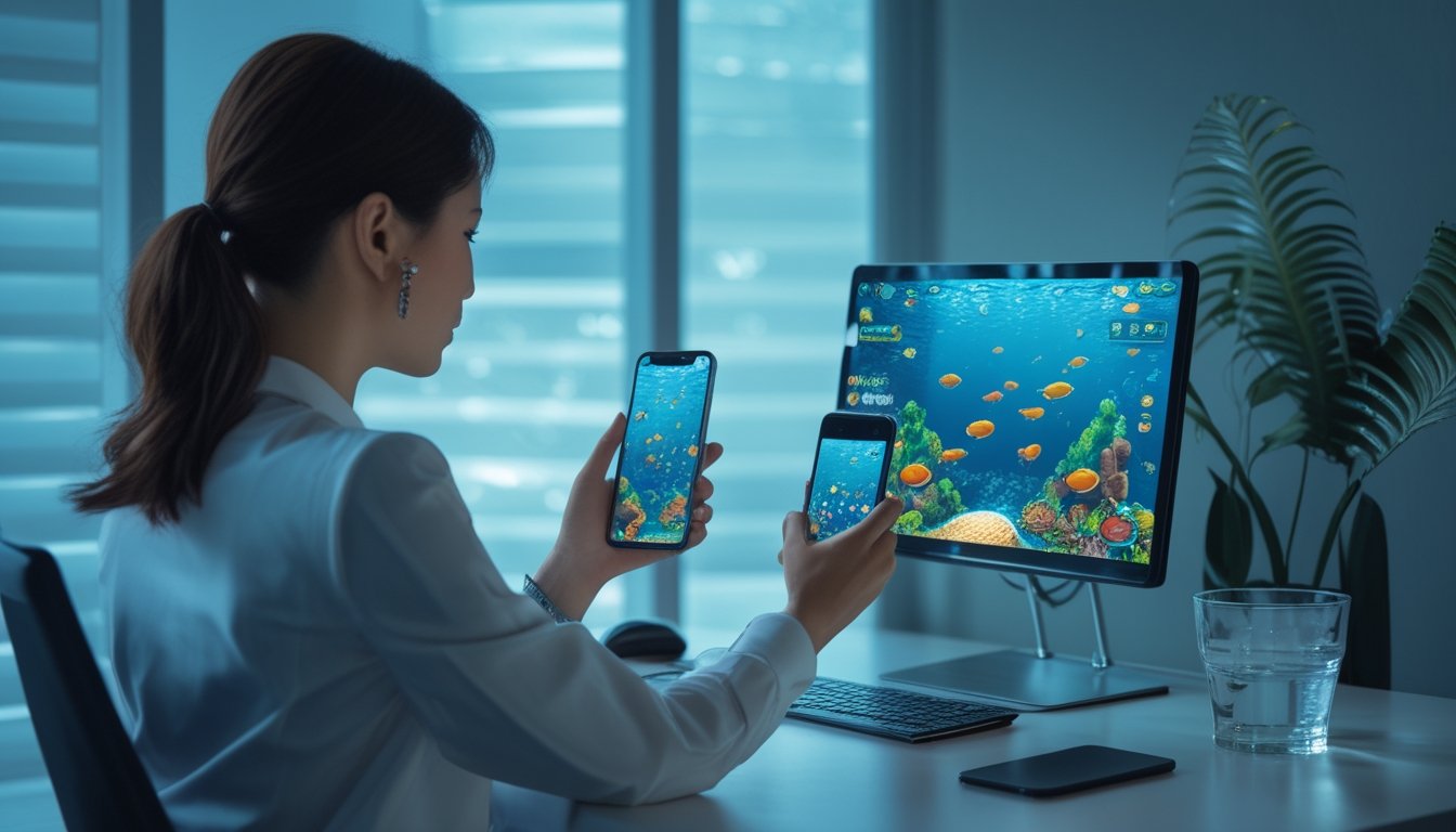 Orang dewasa memainkan permainan ikan bawah laut melalui ponsel di meja modern.