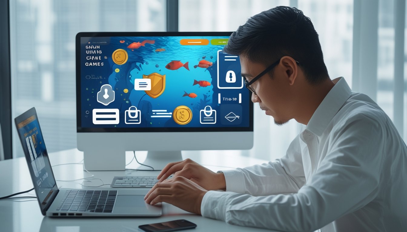 Seorang pengguna memeriksa keamanan dan kepastian platform permainan ikan online melalui laptop dan ponsel.