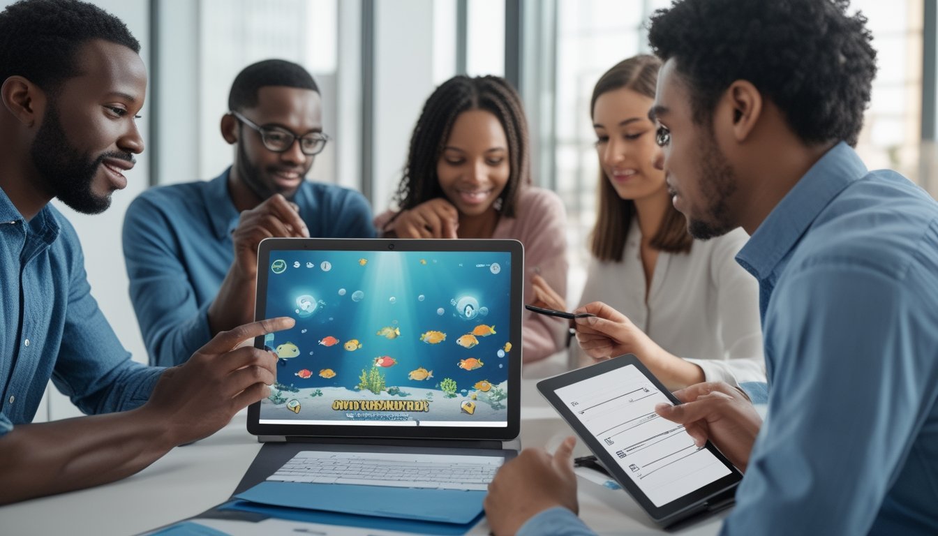 Orang dewasa meninjau keamanan platform permainan ikan digital menggunakan laptop dan tablet dengan simbol perlindungan data serta dokumen pemeriksaan.