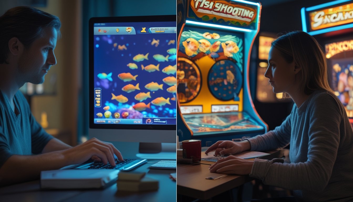 Dua orang dewasa membandingkan permainan tembak ikan melalui perangkat digital dan mesin arcade, dengan kalkulator serta koin di meja.
