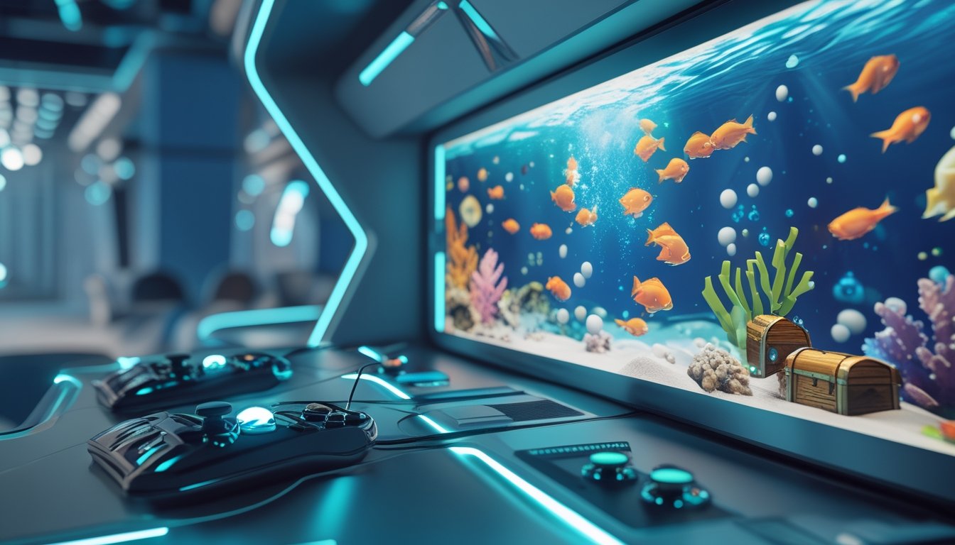 Mesin permainan arcade bertema bawah laut dengan ikan tropis, terumbu karang, dan dua pengontrol permainan di ruang hiburan modern.