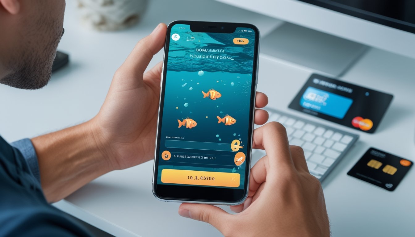 Seseorang menggunakan ponsel untuk mendaftar permainan arcade bawah laut dan melakukan pembayaran digital.