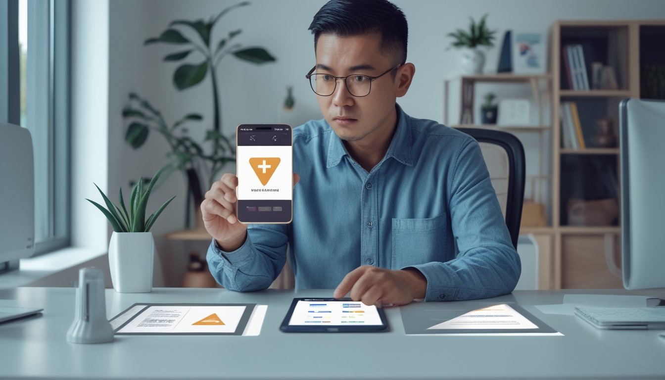 Orang dewasa meninjau dokumen hukum dan pembayaran digital dengan hati-hati di meja kerja.