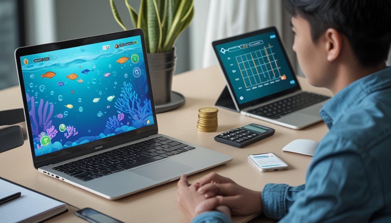 Seseorang mengatur anggaran kecil di meja kerja sambil melihat permainan tembak ikan di laptop.