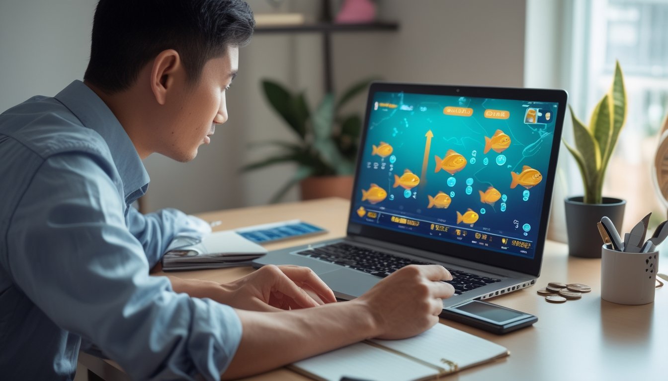 Seorang pria mengatur anggaran kecil sambil melihat permainan tembak ikan online di laptop.