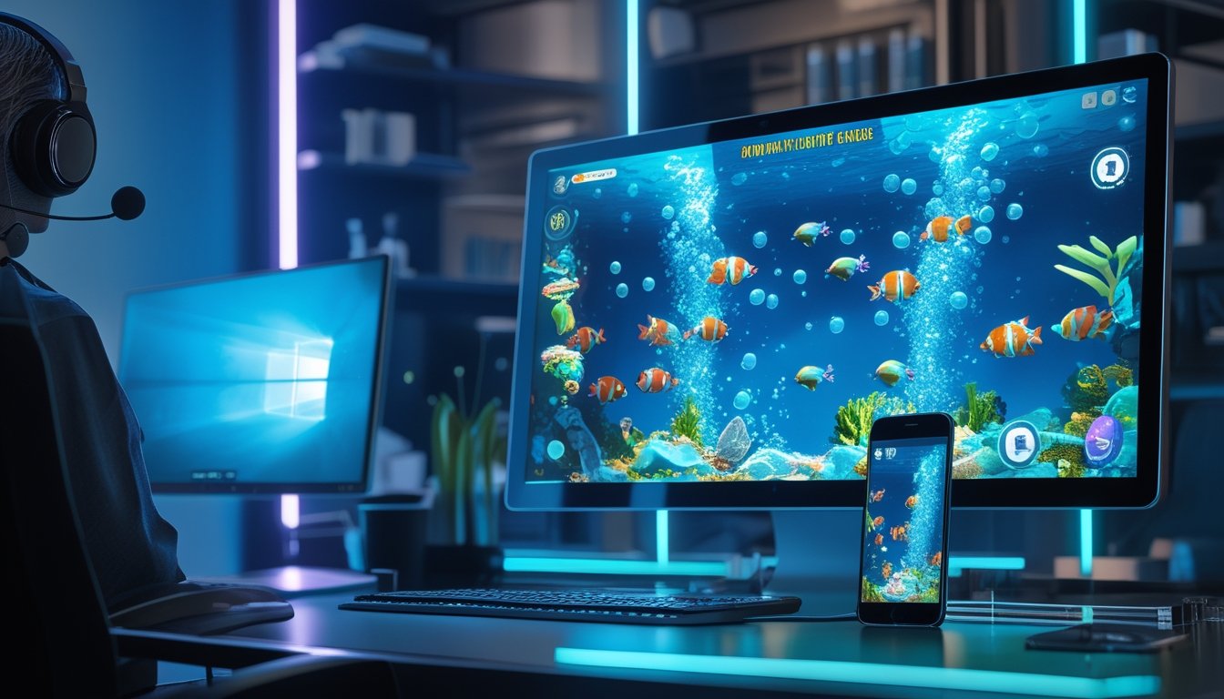 Perangkat komputer dan ponsel menampilkan permainan arcade bertema bawah laut dengan ikan tropis dan terumbu karang.