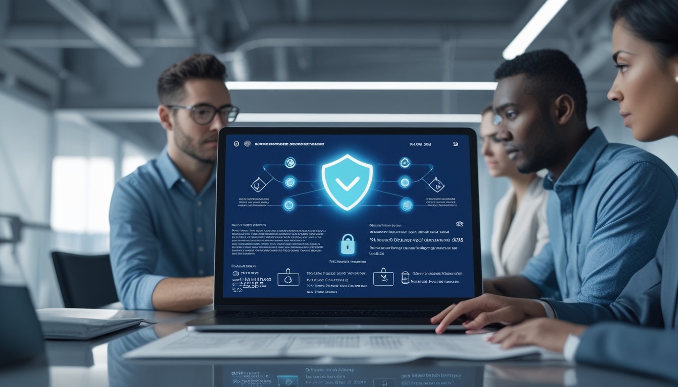Tim profesional memeriksa keamanan dan kepatuhan platform permainan digital di kantor modern.