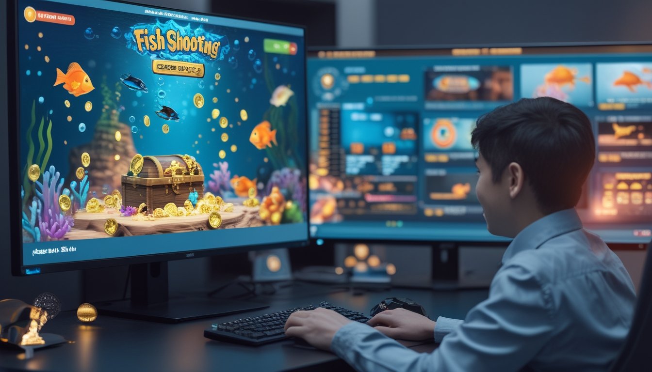 Seseorang memainkan permainan tembak ikan online di depan monitor dengan tampilan ikan warna-warni dan koin emas.