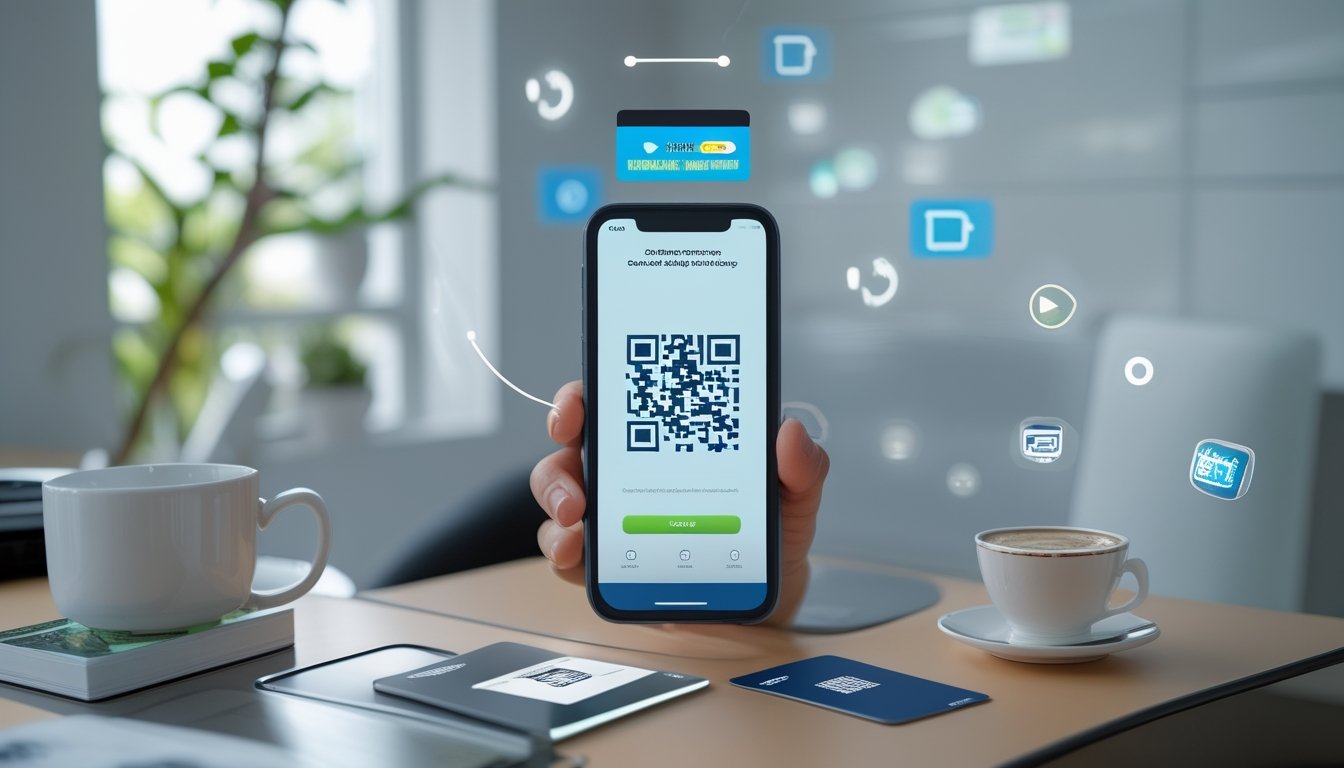 Seseorang menggunakan ponsel dengan kode QR dan pilihan dompet digital di meja kerja modern.