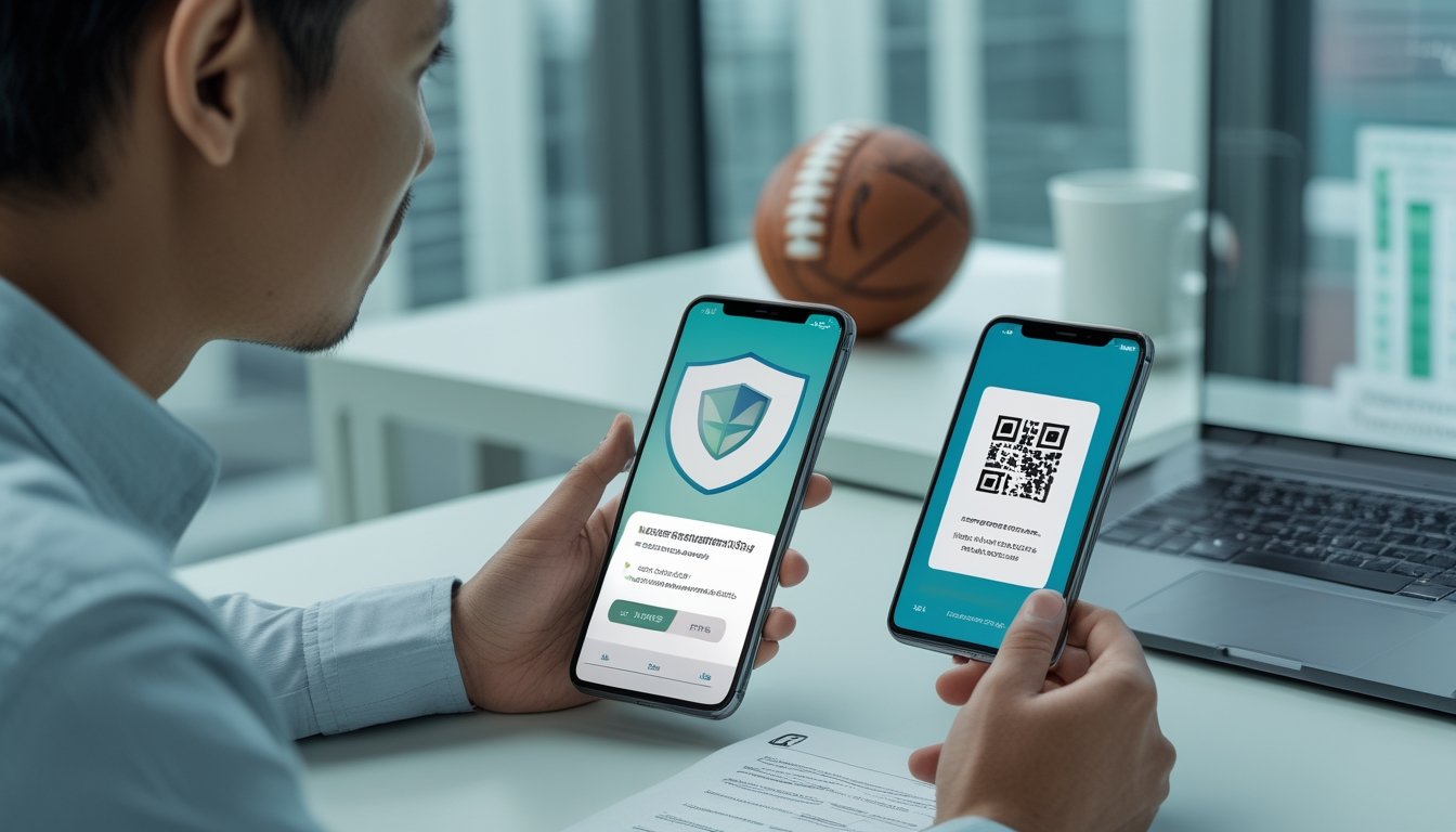 Seseorang meninjau pembayaran digital di ponsel dengan simbol peringatan dan bola sepak di meja.