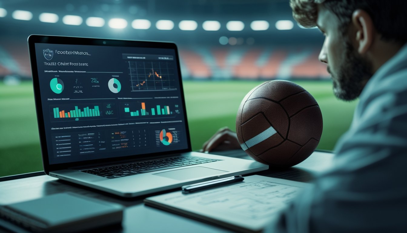 Analis olahraga memeriksa data pertandingan sepak bola di laptop dengan bola dan suasana stadion di latar belakang.