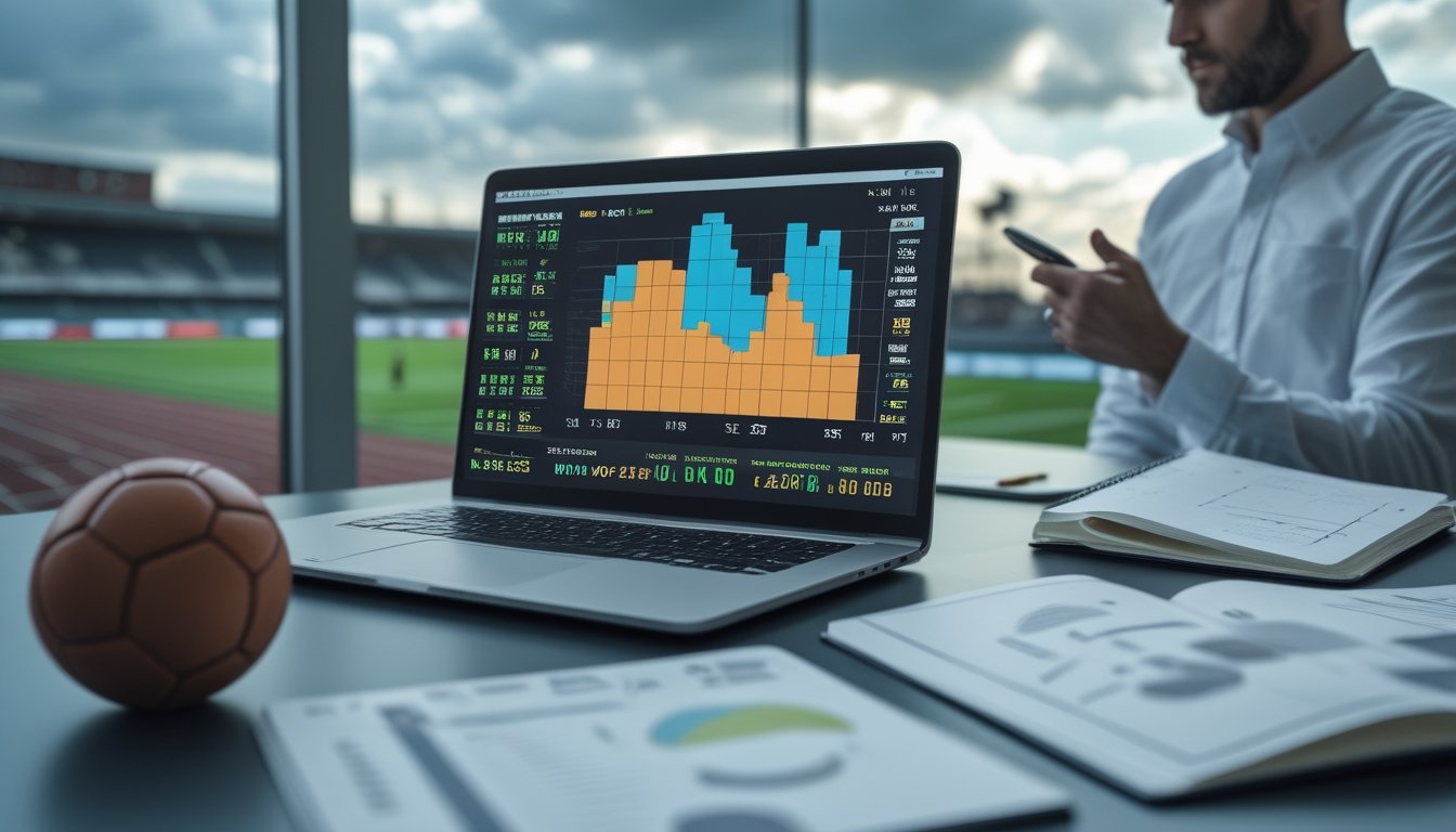 Analis olahraga meninjau data pertandingan sepak bola di meja kerja dengan latar stadion yang tampak berubah-ubah.