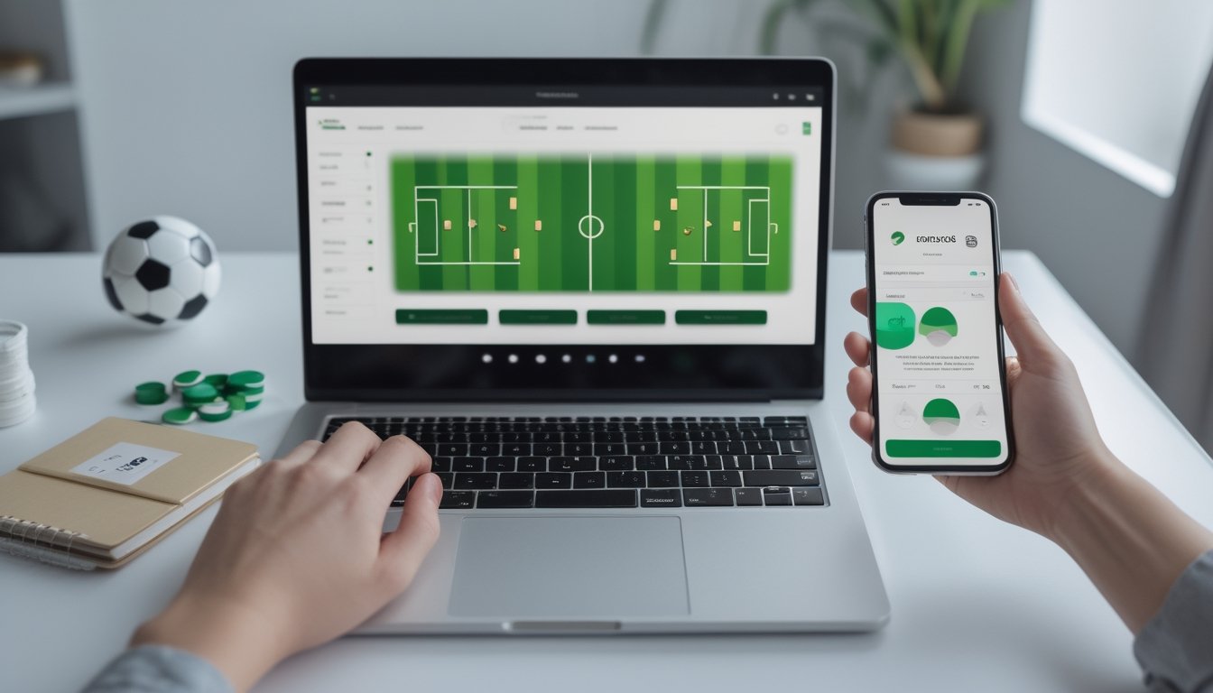 Pemula menggunakan laptop untuk menjelajahi platform olahraga dengan perlengkapan sepak bola dan pengelolaan anggaran di meja.