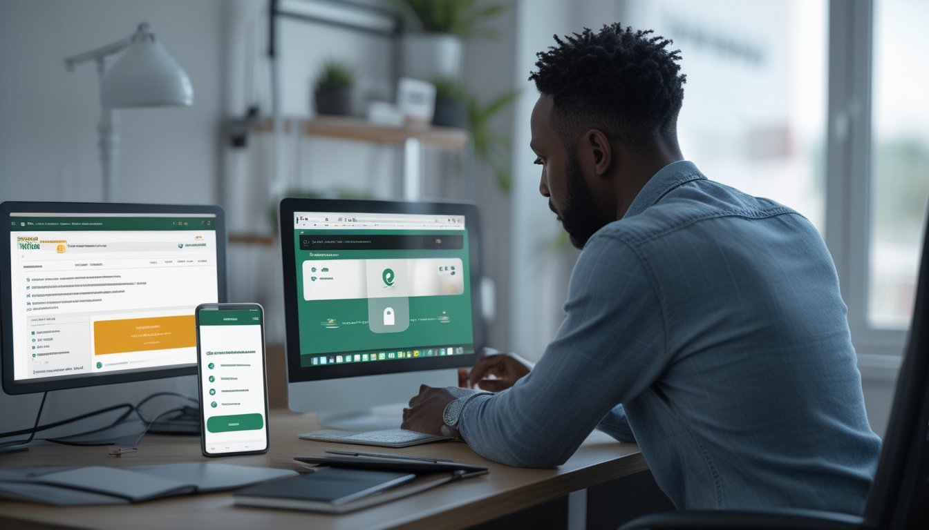 Pemula memeriksa keamanan platform taruhan olahraga melalui laptop di ruang kerja modern.