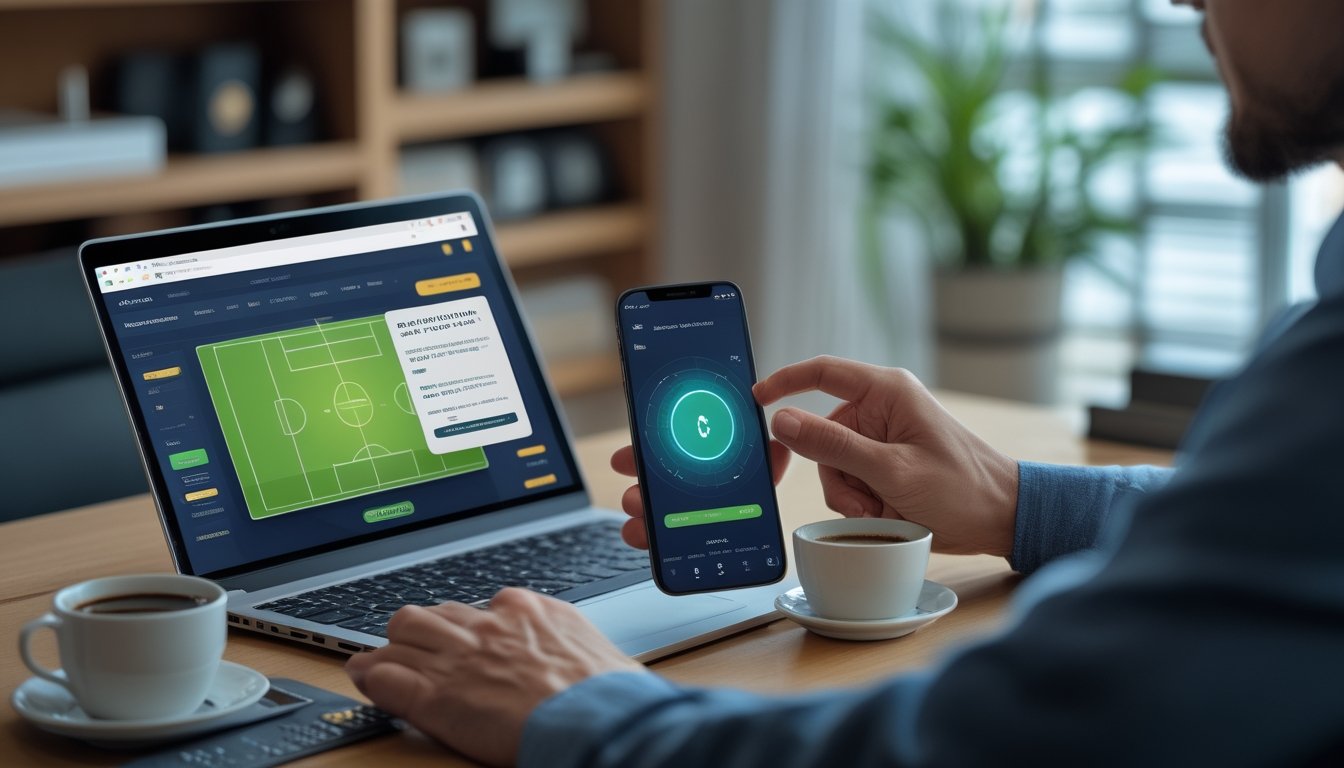 Pengguna menonton pertandingan sepak bola sambil mengendalikan transaksi digital melalui laptop dan ponsel di ruang kerja modern.
