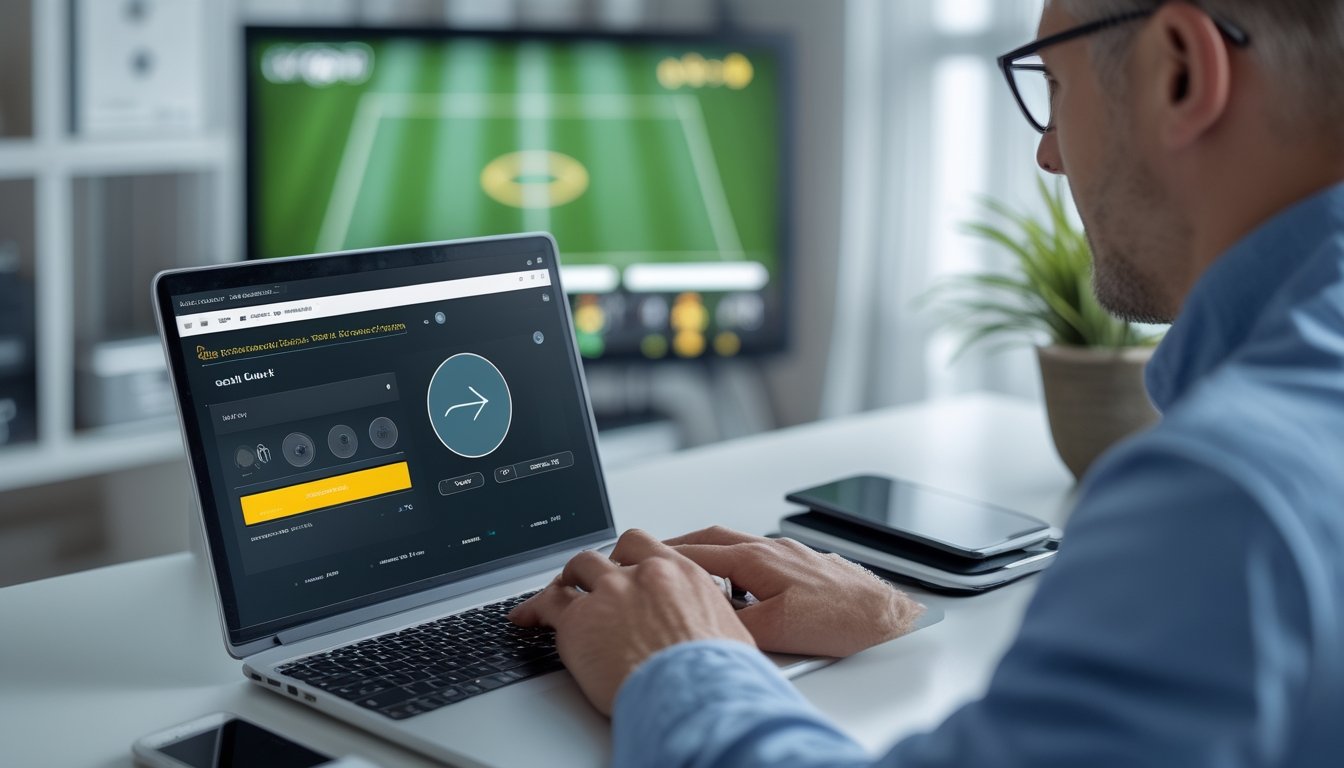 Seseorang menggunakan laptop untuk mengelola taruhan sepak bola saat pertandingan berlangsung di latar belakang.