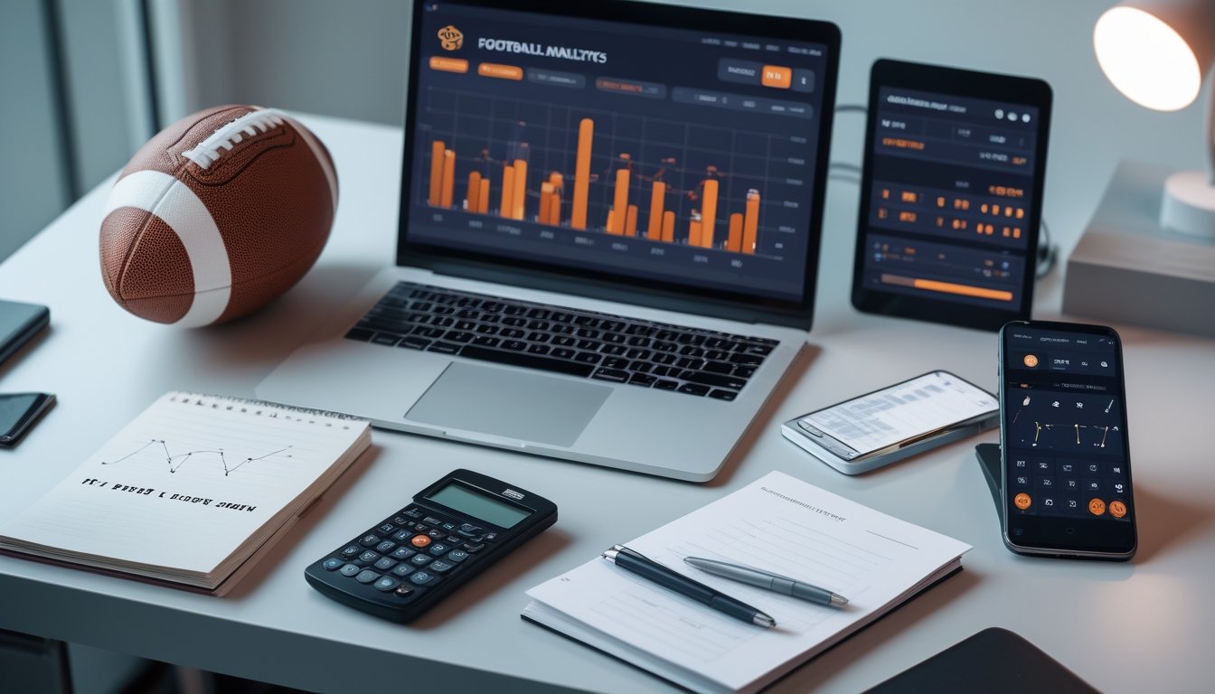 Meja kerja dengan laptop yang menampilkan analisis statistik pertandingan sepak bola, bola, kalkulator, dan buku catatan kosong.