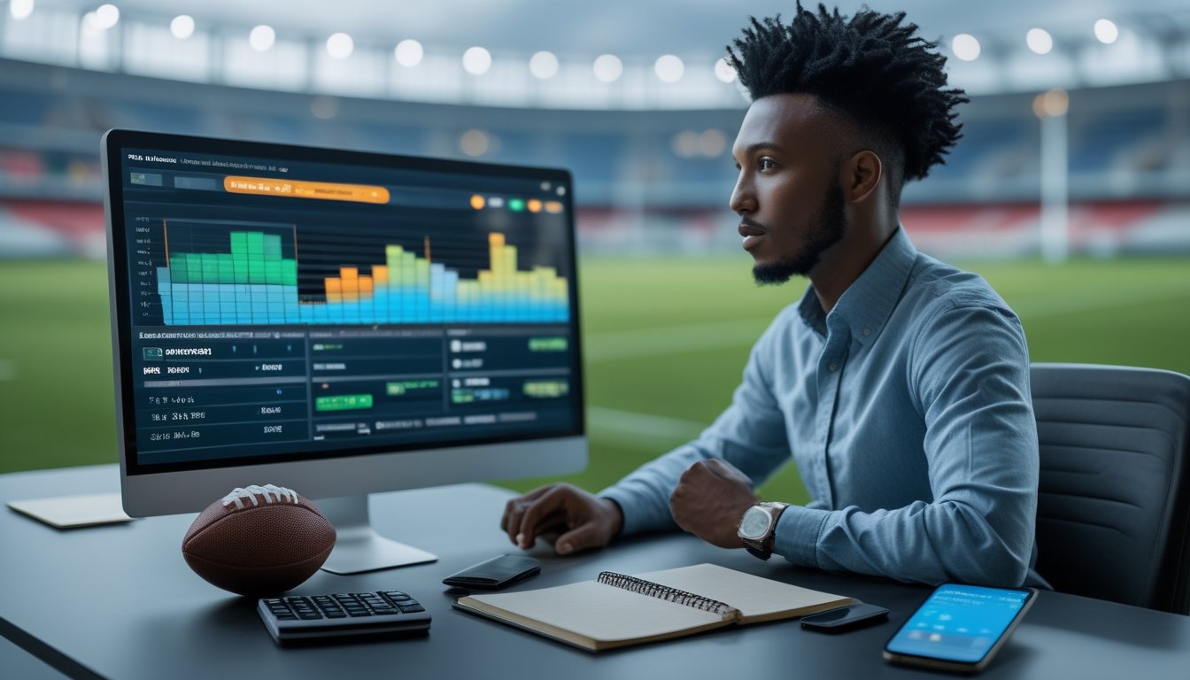Seorang analis mempelajari statistik pertandingan sepak bola di laptop dengan latar stadion.