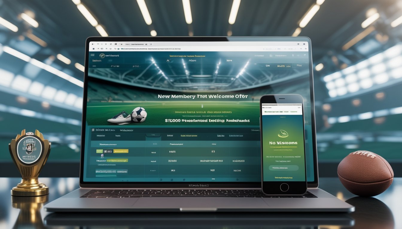 Laptop dan ponsel menampilkan antarmuka sepak bola dengan latar stadion, bola, dan aksen perayaan yang elegan.