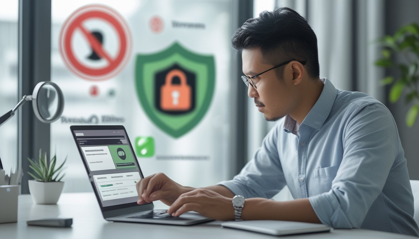Seseorang memeriksa keamanan platform taruhan online di laptop dengan simbol perisai, gembok, dan tanda peringatan.