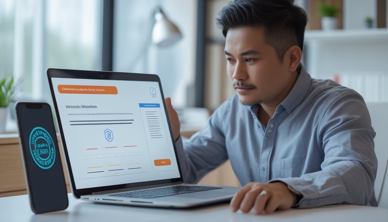 Seseorang memeriksa legalitas operator taruhan online menggunakan laptop, dengan simbol keamanan dan dokumen verifikasi di meja.