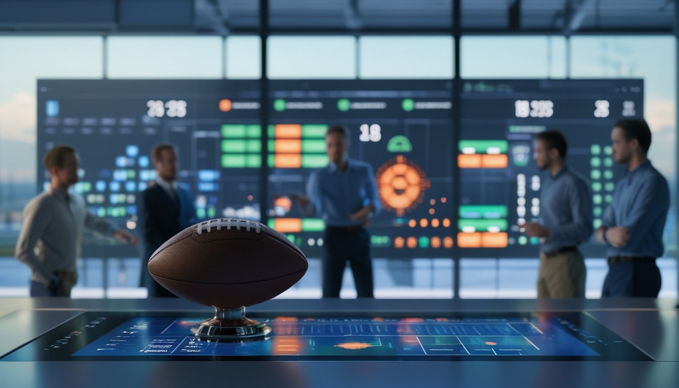 Analis olahraga meninjau jadwal pertandingan sepak bola dan grafik data di studio modern pada malam hari.