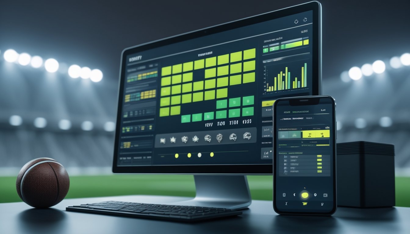Meja kerja modern dengan monitor dan ponsel yang menampilkan antarmuka abstrak jadwal serta status pertandingan sepak bola, ditemani sebuah bola dan latar stadion.