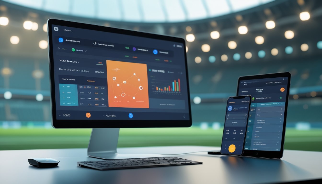 Perangkat digital menampilkan analisis pertandingan sepak bola dengan latar stadion yang samar.