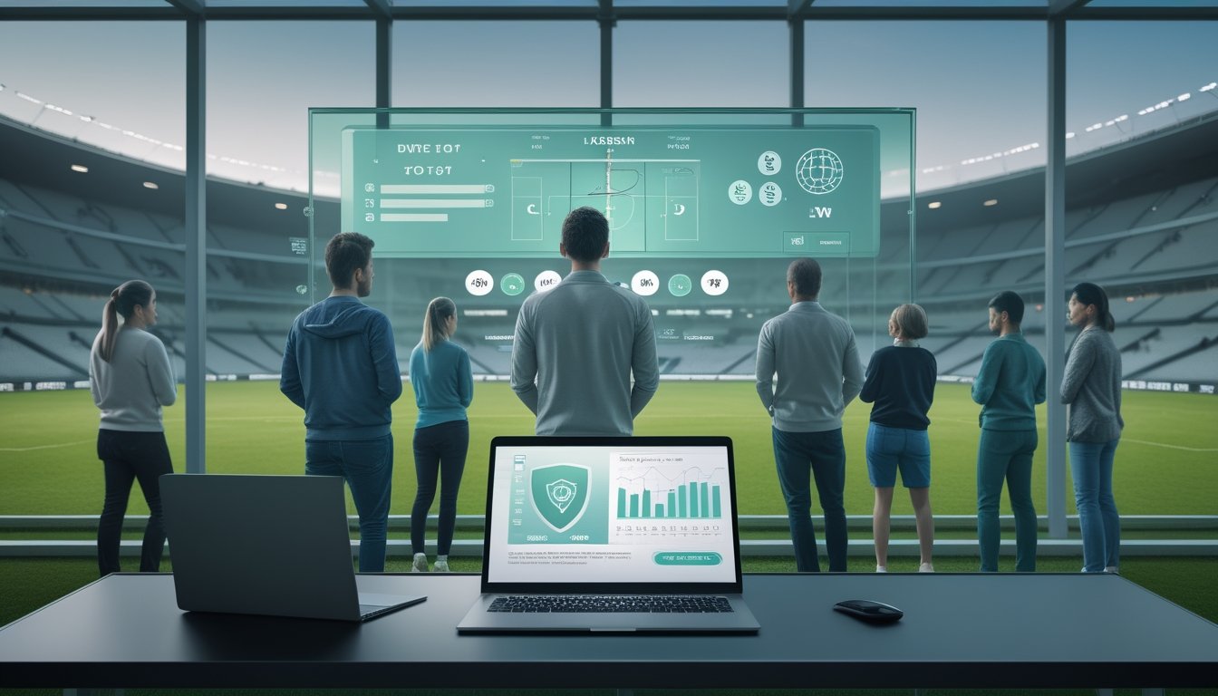 Penggemar sepak bola melihat analisis pertandingan digital di stadion modern.