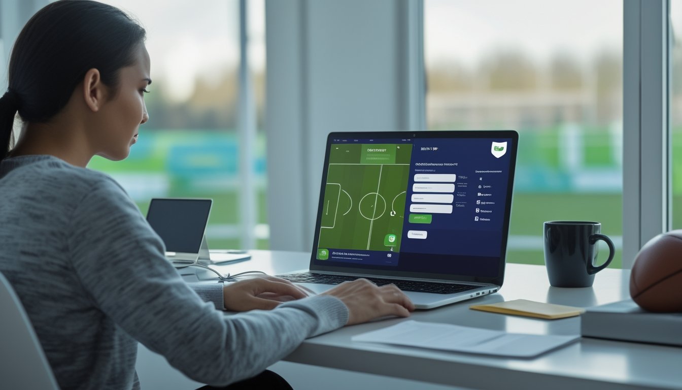 Orang dewasa menggunakan laptop untuk mendaftar akun platform sepak bola online dengan simbol keamanan di meja kerja.