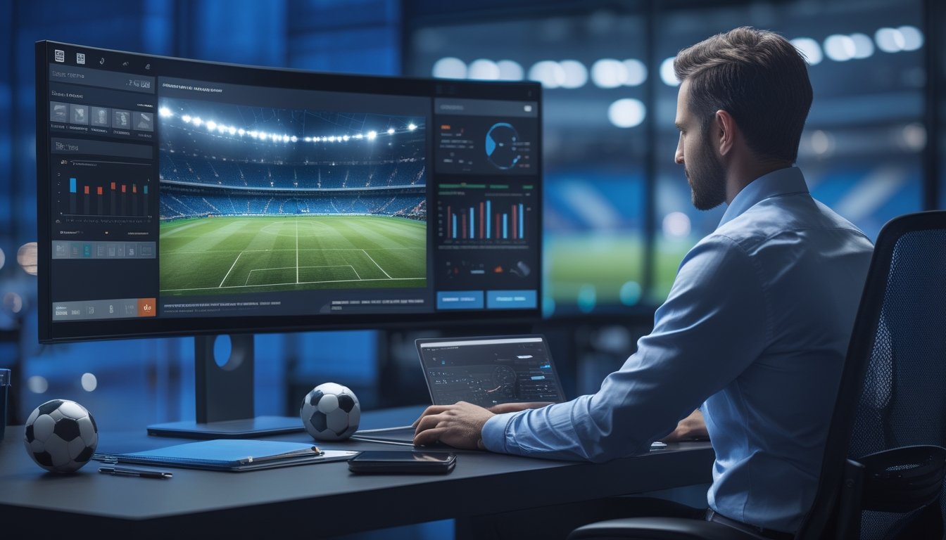 Seorang analis memeriksa data pertandingan sepak bola di ruang kerja modern dengan laptop dan layar besar.
