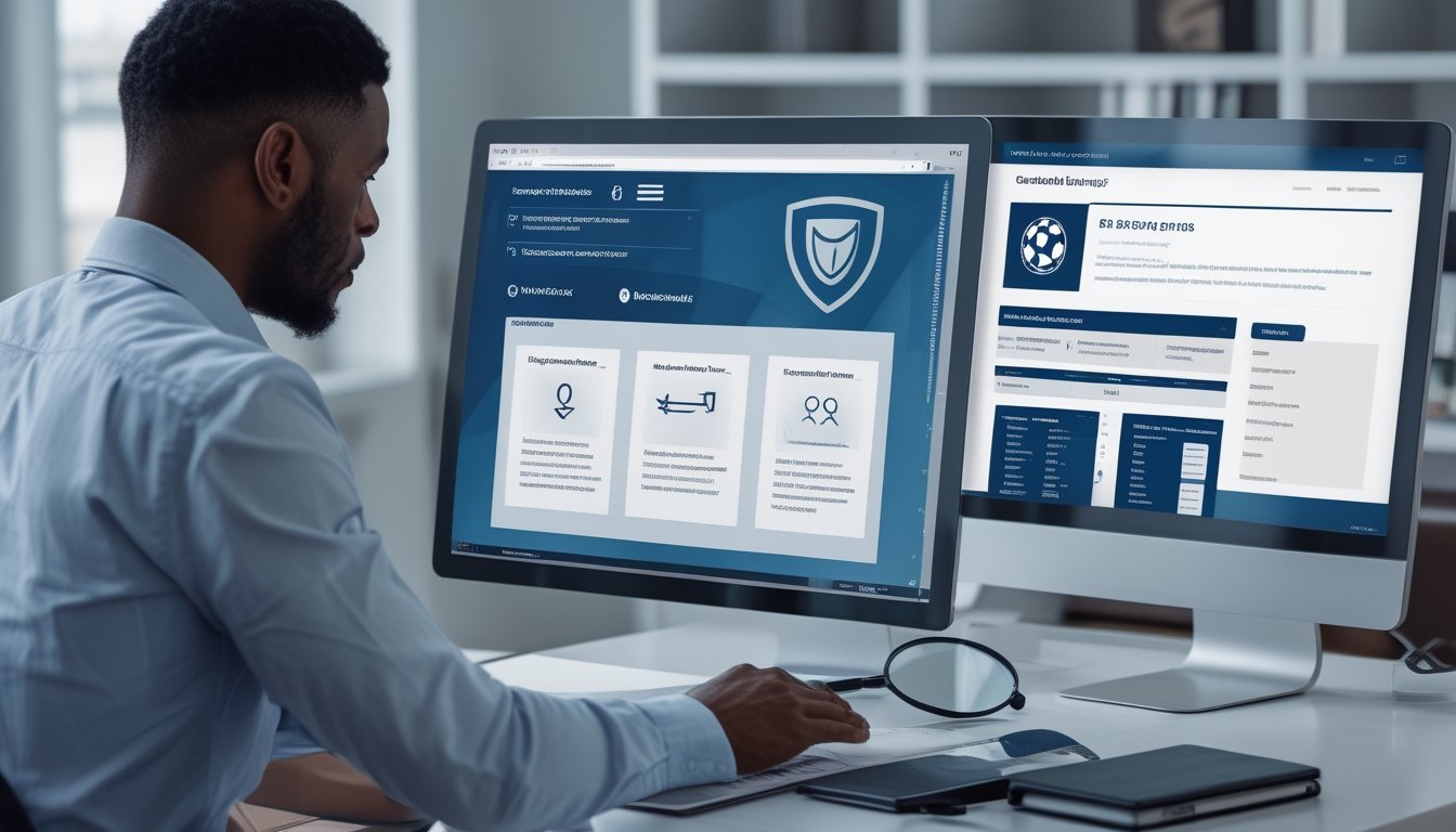 Seorang analis memeriksa keamanan dan legalitas operator taruhan sepak bola melalui laptop di kantor modern.
