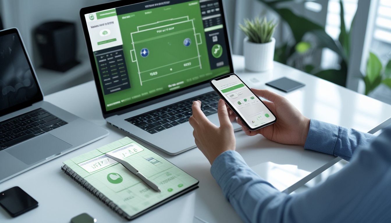 Seseorang membandingkan platform olahraga digital di laptop dan ponsel di meja kerja modern.