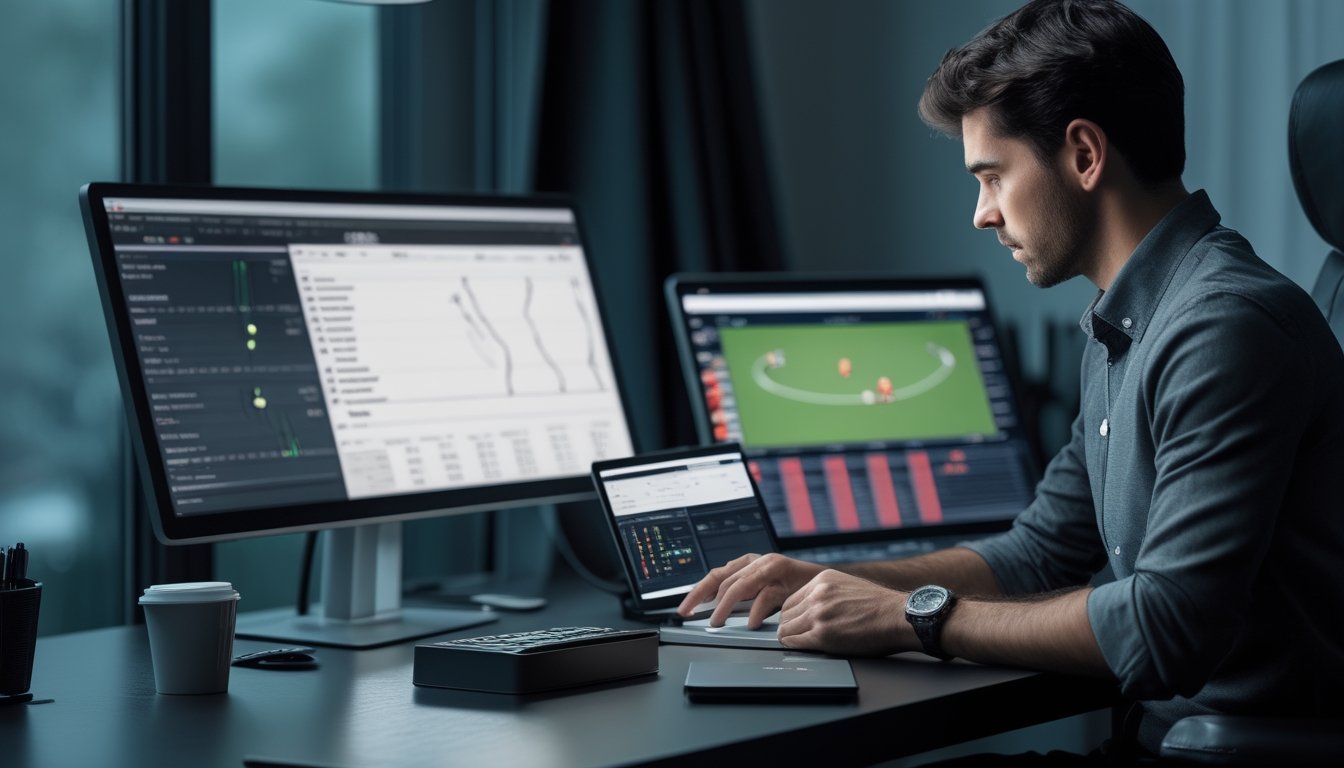 Seorang analis dewasa memeriksa statistik pertandingan sepak bola di laptop dan tablet di meja kerja.