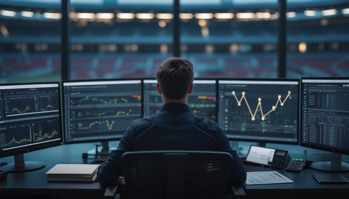 An analyst examines football statistics and risk indicators on multiple screens in a modern workspace.