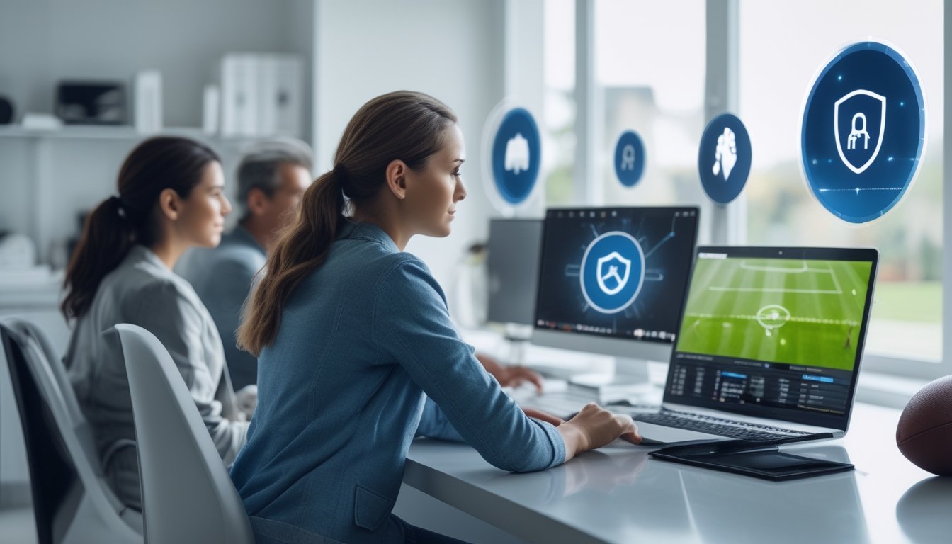 Sekelompok orang dewasa menggunakan perangkat digital untuk mengakses platform sepak bola daring yang aman dan terpercaya.