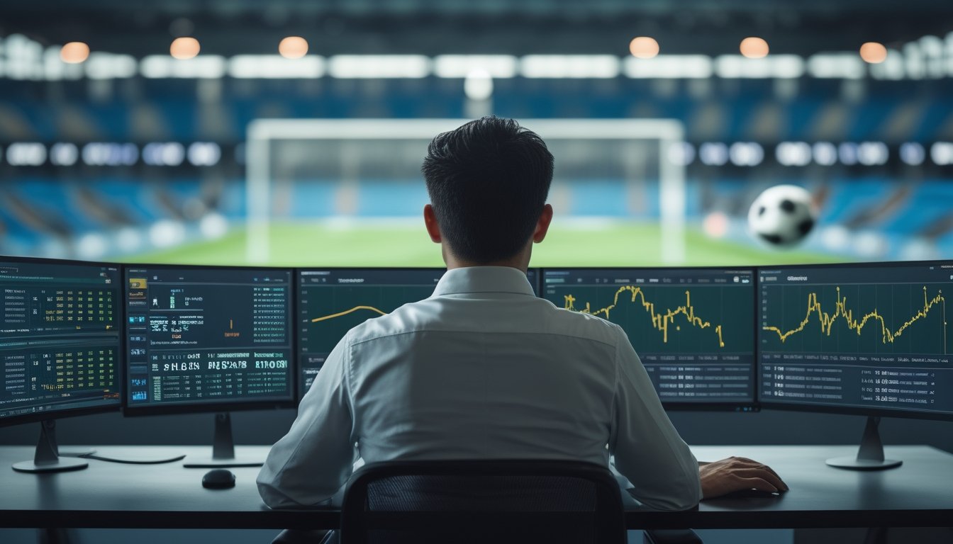 Seorang analis mempelajari statistik dan grafik pertandingan sepak bola di depan beberapa monitor dengan latar stadion.