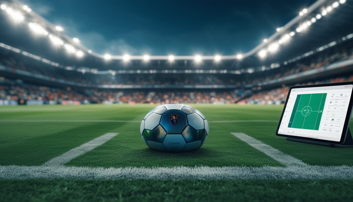 Bola sepak di lapangan stadion dengan penonton dan meja analisis olahraga di latar belakang.