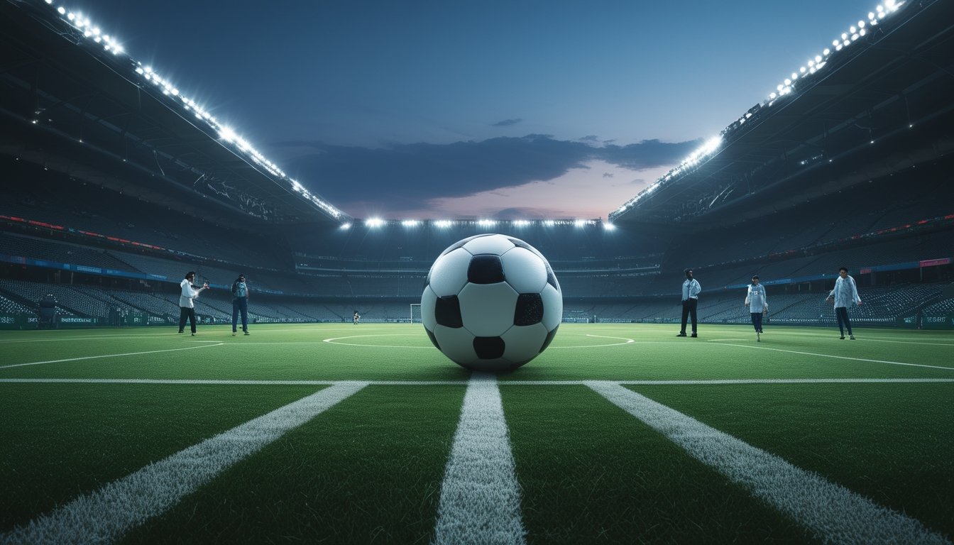 Suasana stadion sepak bola modern dengan penonton dan analis yang membahas turnamen Eropa secara tertib.