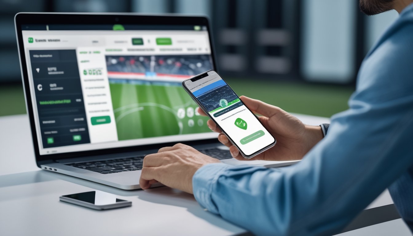 Orang dewasa menggunakan laptop dan ponsel untuk melakukan pembayaran aman pada platform taruhan sepak bola daring.