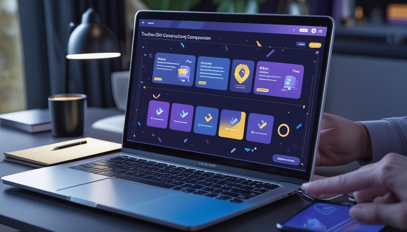 Meja kerja modern dengan laptop dan ponsel yang menampilkan antarmuka permainan digital abstrak serta ikon keamanan.