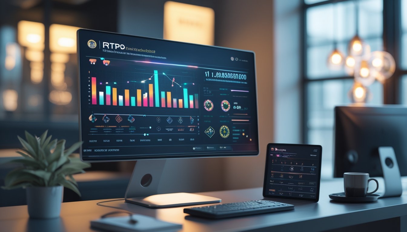 Meja kerja modern dengan monitor dan ponsel yang menampilkan grafik analitik permainan bergaya kasino tanpa tulisan.