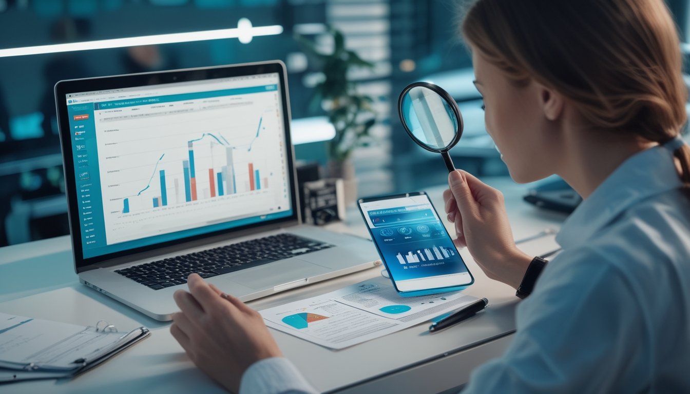 Seorang analis memeriksa grafik data abstrak di samping laptop dan ponsel pada meja kerja modern.