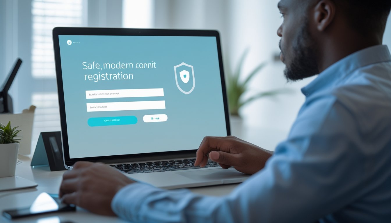 Orang dewasa menggunakan laptop dengan tampilan formulir pendaftaran digital yang aman di meja kerja.