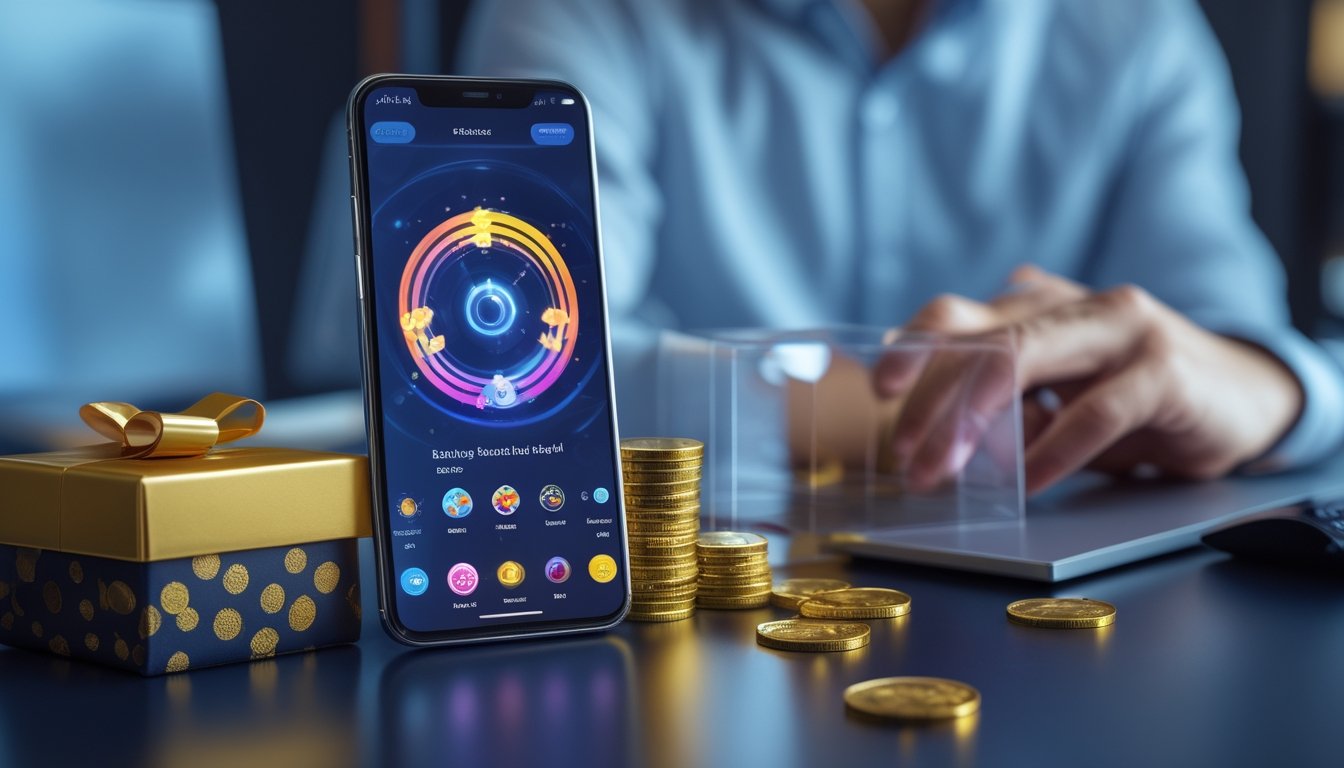 Ponsel dengan tampilan permainan digital abstrak berada di samping kotak hadiah dan koin emas di atas meja modern.
