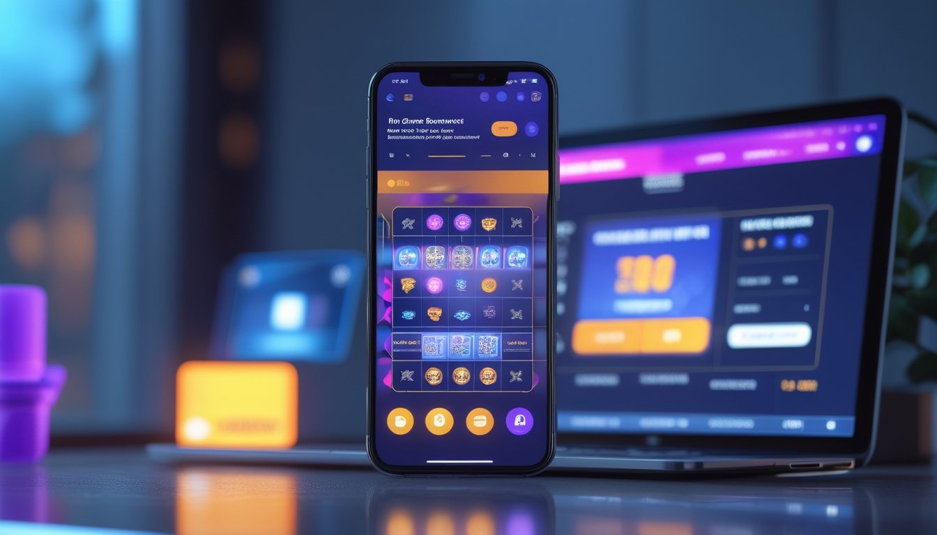 Ponsel menampilkan permainan slot digital abstrak di samping perangkat pembayaran seluler dalam suasana modern.