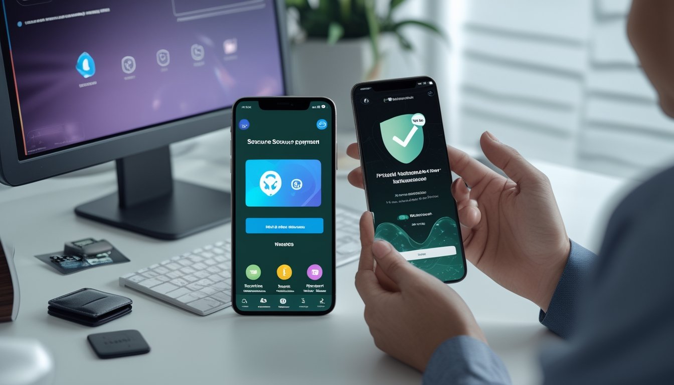Tangan seseorang memeriksa pembayaran digital aman melalui ponsel di meja kerja modern.