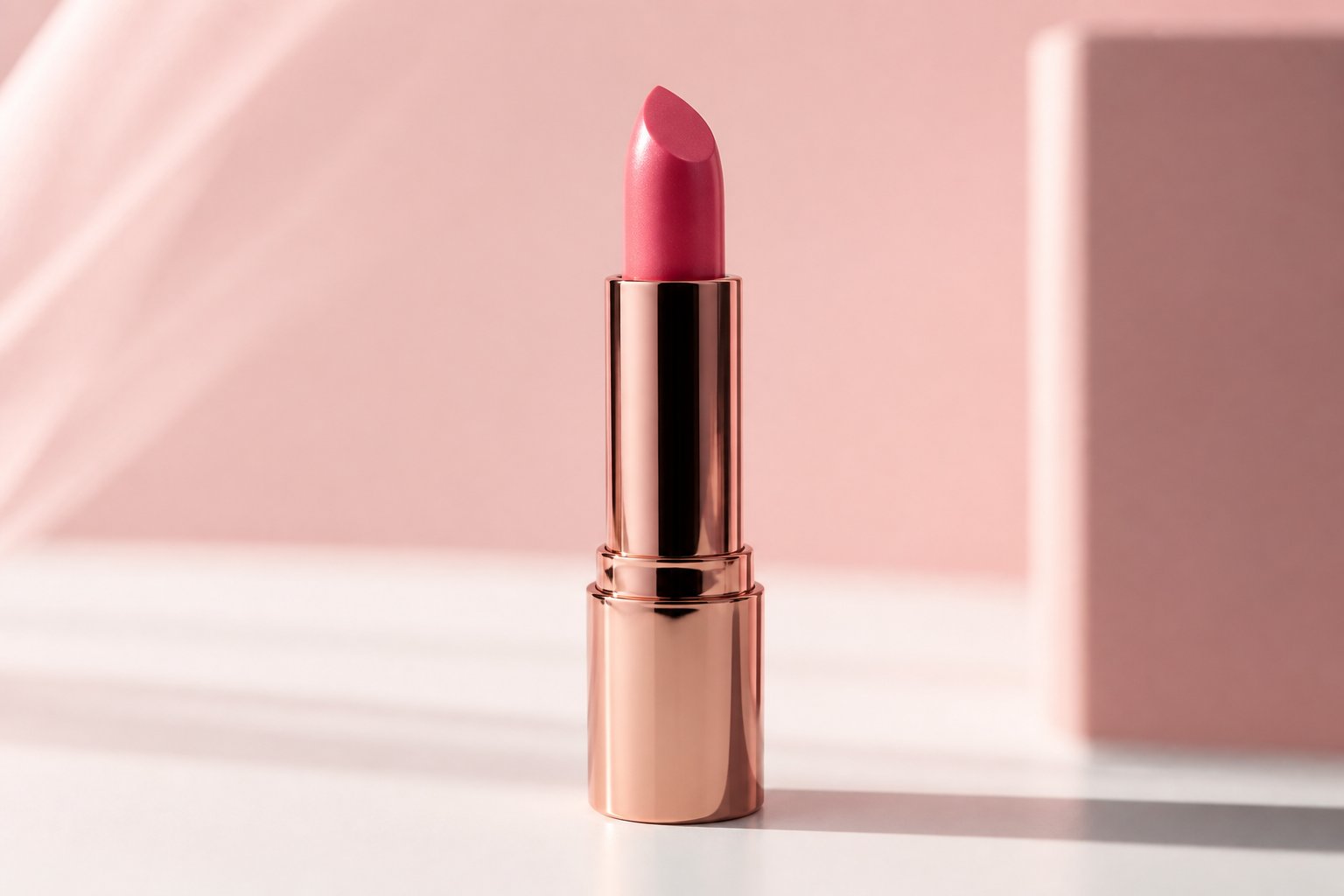 A pink lipstick standing upright on a clean surface.