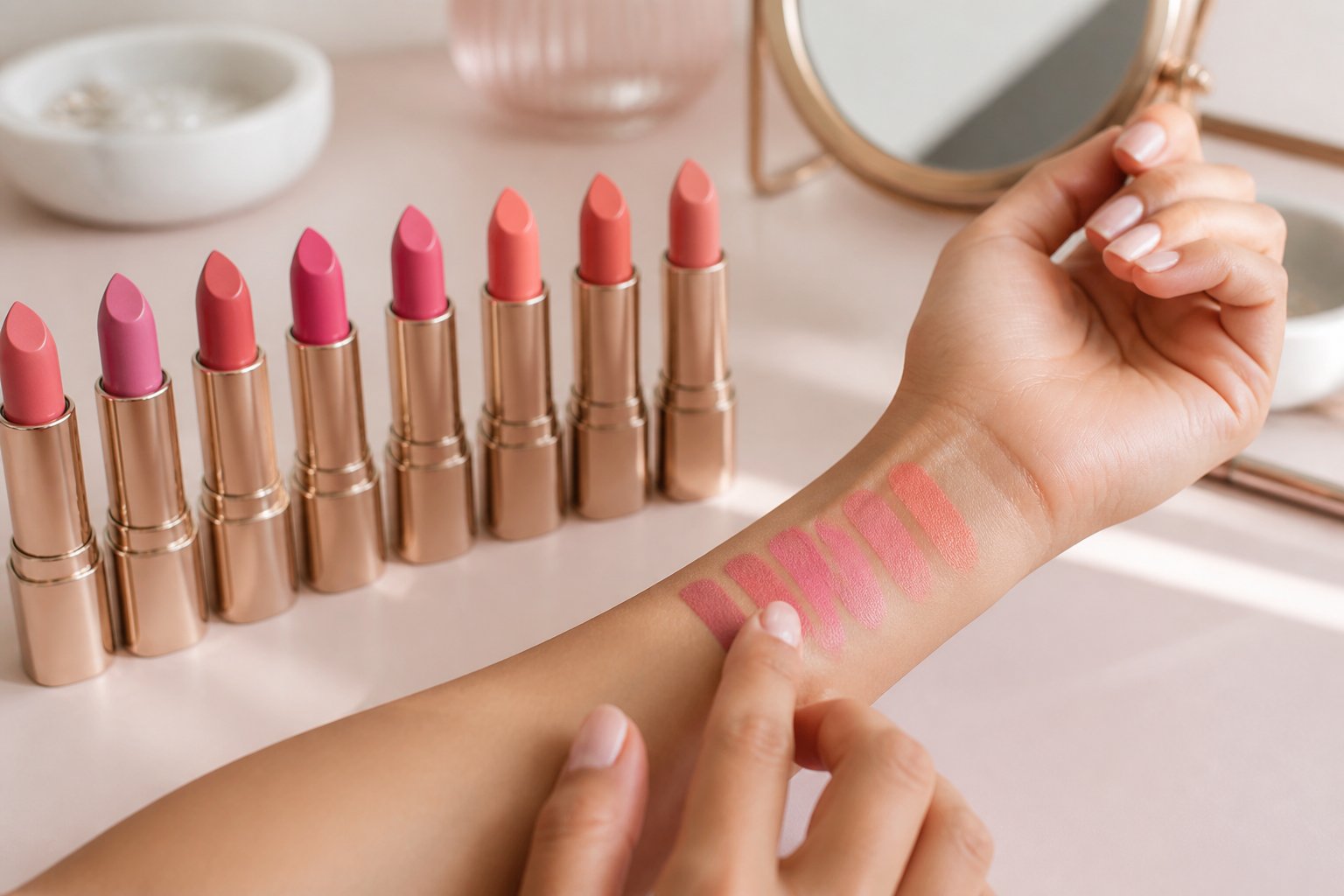 A hand compares cool, neutral and warm pink lipstick shades beside several lipstick tubes.