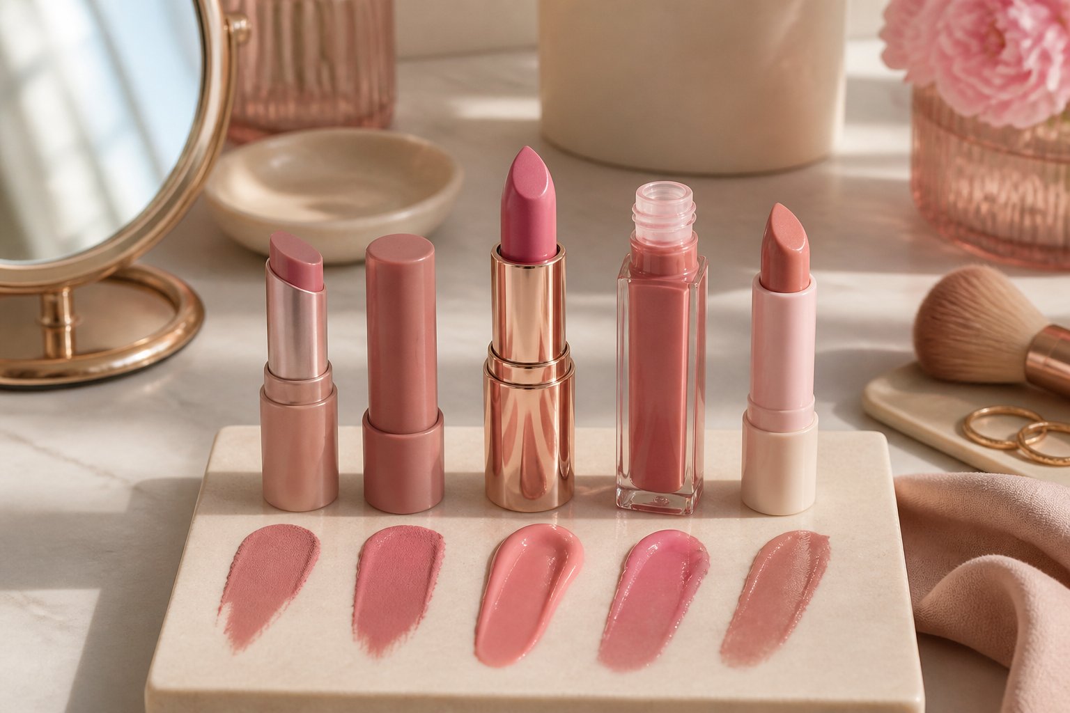 Several pink lipsticks in different finishes arranged on a beauty vanity.
